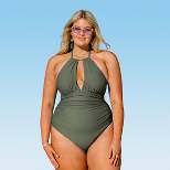 Women's Green Plus Size One Piece Ruched Cutout Halter Self Tied Bathing Suit - Cupshe -Olive