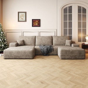 107"Cloud Sectional Sofa with 1 Ottoman,Modern Minimalist Upholstered Couches,Comfort U Shaped Sofa,Camel (Plush Corduroy Fabric) - 1 of 4