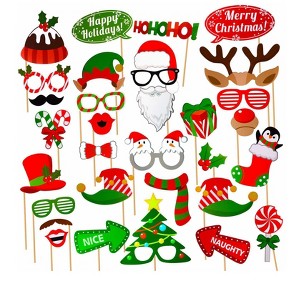Aoibox Christmas Photo Booth Props Kit 32pcs Party Supplies DIY Pose Sign Kits for Adults Kids Santa Hats Beards Socks Holiday Decor - 1 of 4
