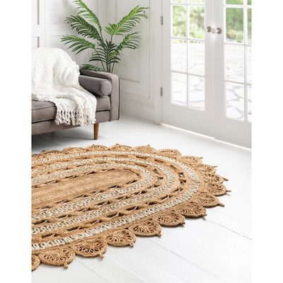 Handmade Natural and White Braided Jute Oval Rug, 4' x 6'