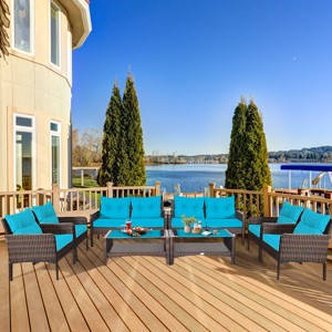 Costway 8PCS Patio Rattan Sectional  Furniture Set Loveseat Sofa Coffee Table W/Turquoise Cushion - 1 of 4