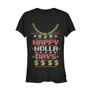 Juniors Womens Lost Gods Ugly Christmas Happy Holla Days T-Shirt - 1 of 3