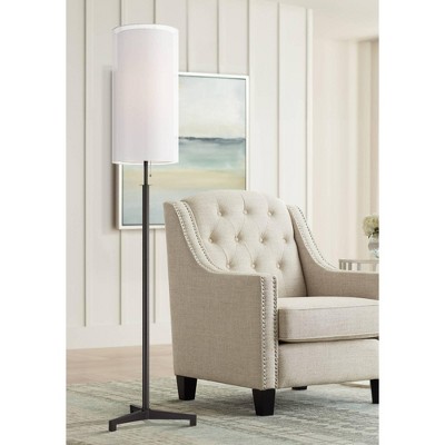 Tall Bronze Metal Tripod Floor Lamp with White Cylinder Shade