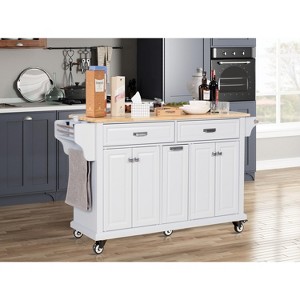 ORRD Kitchen Island with Rubber Wood Countertop, 5 Wheel Cart with Storage Cabinet & Drawers for Dining Room，Grey - 1 of 4