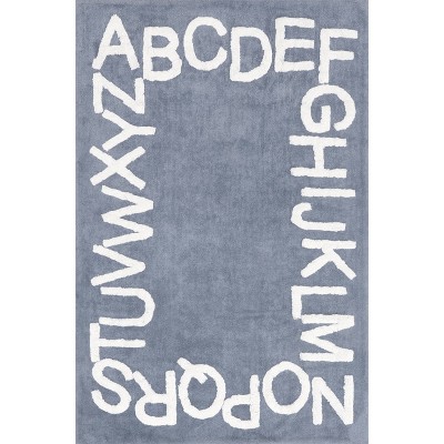 Blue Cotton Washable Round Alphabet Kids Rug