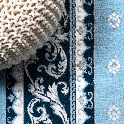 Blue and Navy Synthetic French Border 8' x 10' Area Rug