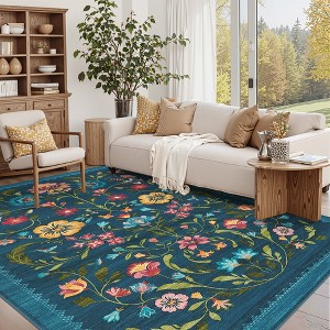5x7 FT Modern Washable Area Rug, Vintage Floral Soft Carpet with Non Slip Backing, Low Pile Stain Resistant Foldable Floor Mat for Home - 1 of 4