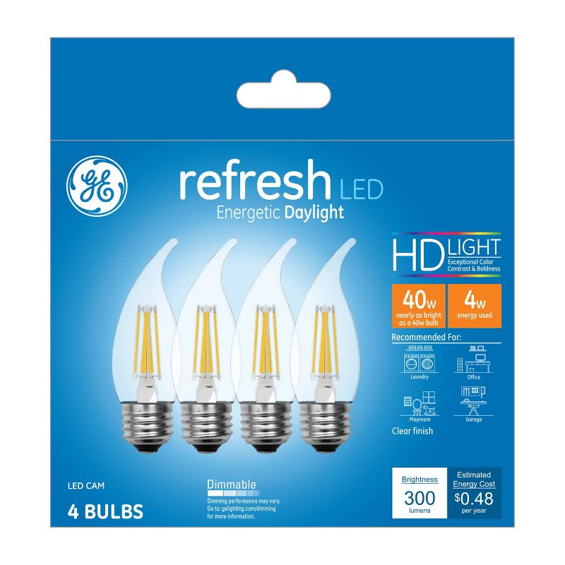 GE 4pk 4W 40W Equivalent Refresh LED HD Decorative Light Bulbs Daylight, 1 of 4