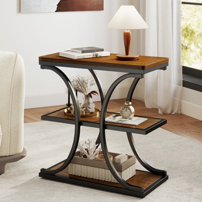 Bekrvio 3-Tier Narrow Side Table,Industrial Small End Table with Storage Shelves,Wood Sofa Table w/Geometric Metal Frame, Bedroom Nightstand (Walnut)