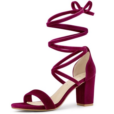 Allegra K Women's Faux Velvet Open Toe Strappy Lace-Up Chunky Heel Sandals