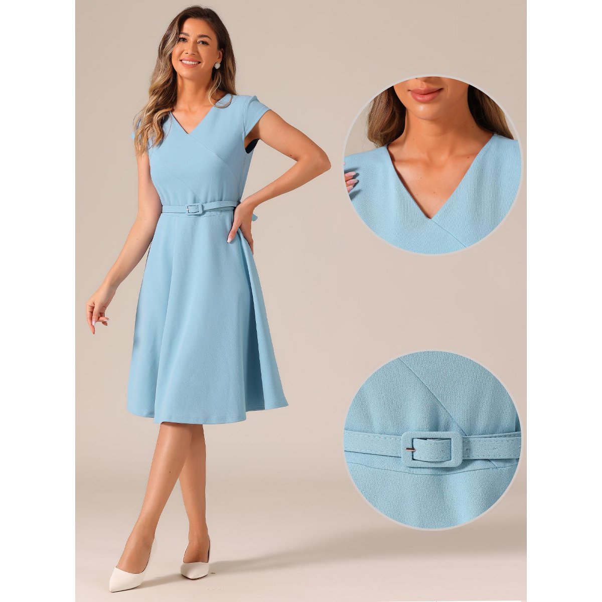 Женские платья INSPIRE CHIC Women's Belted V Neck Cap Sleeve Flowy A-line Cocktail Dresses Blue Large — фото 2