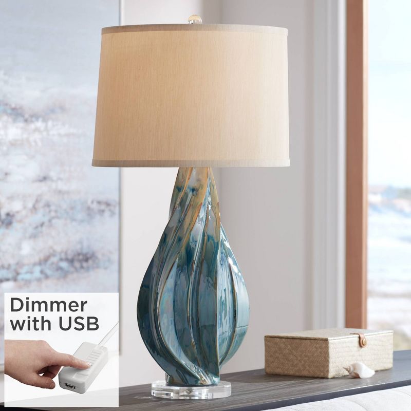Possini Euro Design Modern Table Lamp with USB Charging Port 31" Tall Teal Blue Ceramic Beige Drum Shade Living Room Bedroom Bedside (Color May Vary), 2 of 10