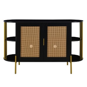 Vynxaria Elegant Curved Decorative Storage Cabinets with Gold Trim and Woven Rattan Doors - Multiple Colors Available - 1 of 4
