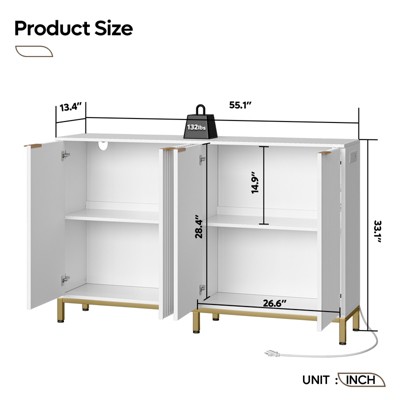 Bestier 55" Sideboard Buffet Cabinet with Power Outlet,Fluted Storage Cabinet with Adjustable Shelves, White — фото 5
