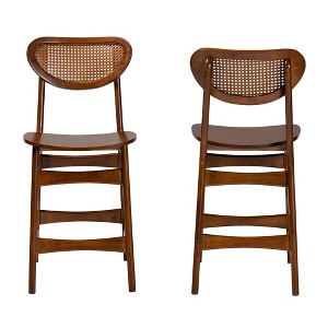 Baxton Studio Hesper Wood and Rattan 2pc Counter Height Barstool Set Walnut Brown/Light Brown: Mid-Century, Ergonomic Footrest, Unupholstered - 1 of 4