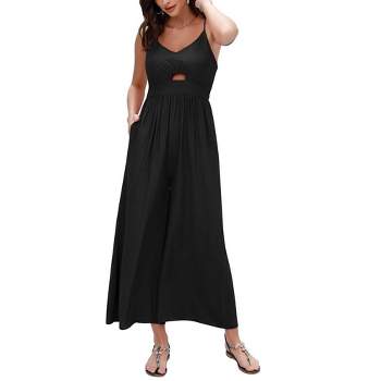 Women's Summer V Neck Spaghetti Strap Sleeveless Jumpsuits CutOut Smocked Long Wide Leg Rompers With Pockets