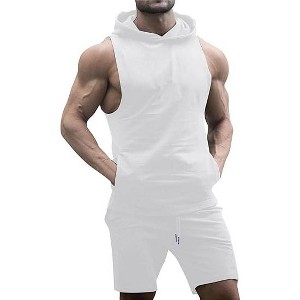 Men's Tracksuit 2 Piece Sleeveless Hooded Workout Tank Top and Shorts Casual Athletic Sports Hoodie Shorts Set - 1 of 4