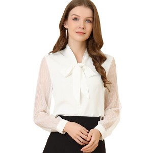 Allegra K Women's Tie Neck Chiffon Long Sleeve Shirt Blouse - 1 of 4
