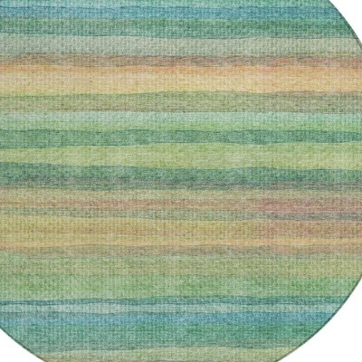 HomeRoots 8' Artichoke Green Peach And Teal Blue Round Striped Washable Indoor Outdoor Area Rug