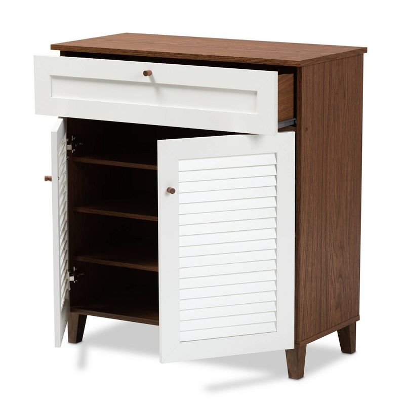 Coolidge 4 Shelf Wood Shoe Cabinet with Drawer White/Walnut - Baxton Studio, 3 of 11