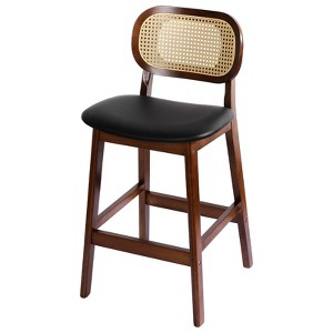 Mid Century Modern Rattan Bar Stools, Counter Height with Faux Leather/Boucle Fabric Upholstery & Rattan Back for Kitchen Island - 1 of 4