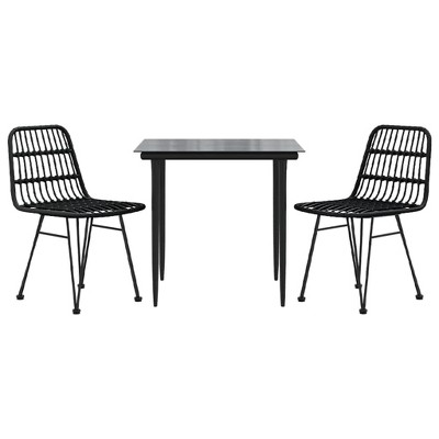 vidaXL 3-Piece Patio Dining Set - Black Poly Rattan - Outdoor Furniture with Smooth Tempered Glass Tabletop and Comfortable Chairs