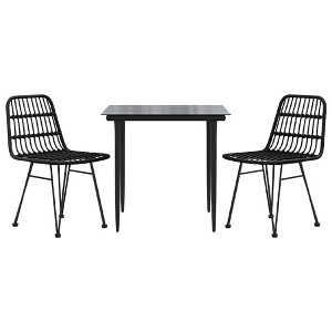 vidaXL 3-Piece Patio Dining Set - Black Poly Rattan - Outdoor Furniture with Smooth Tempered Glass Tabletop and Comfortable Chairs - 1 of 4