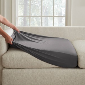 Sure Fit Hampstead Stretch Velvet Extra Long Sectional Cushion Cover Charcoal Gray: Pet Friendly, Machine Washable - 1 of 4