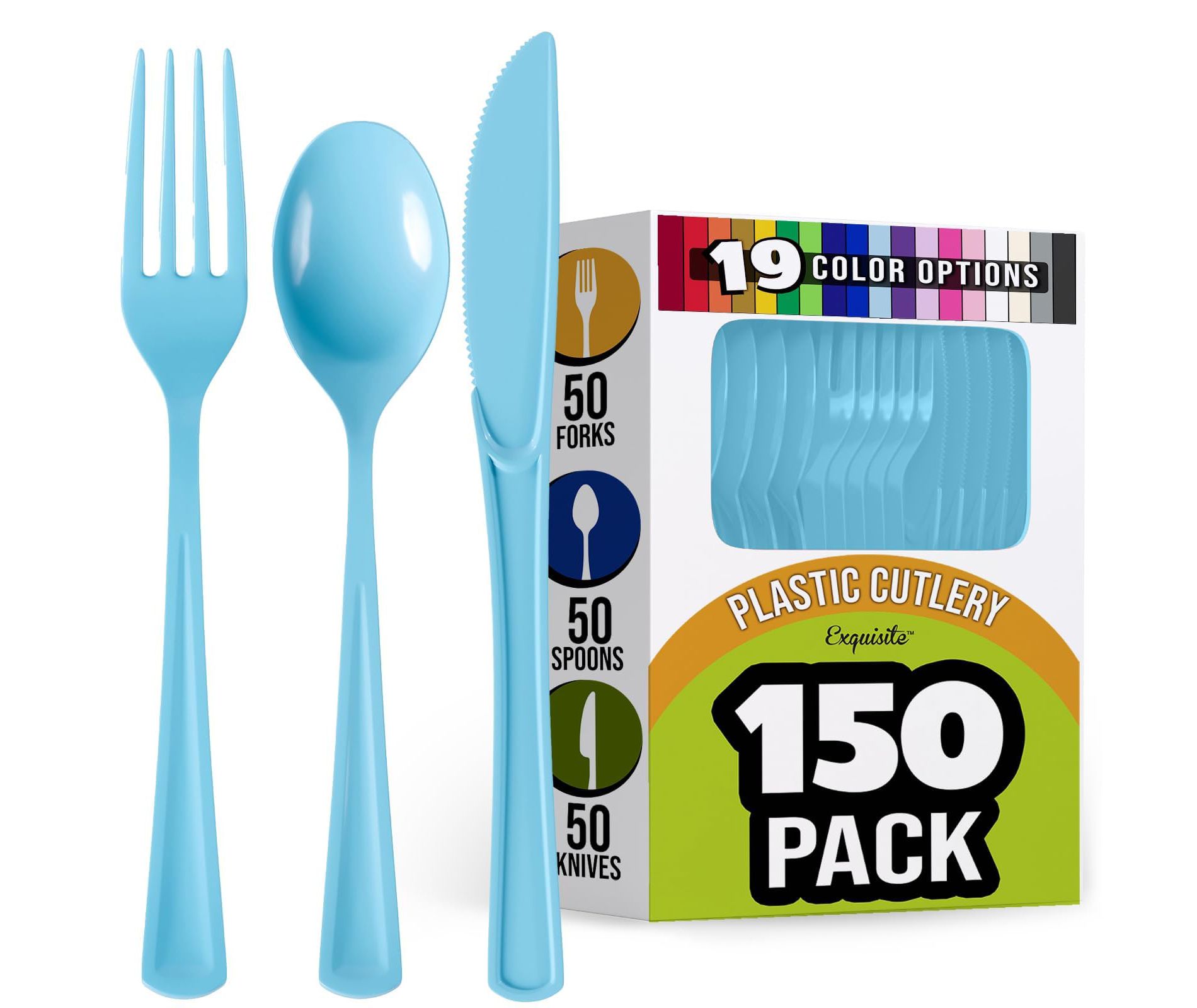 Exquisite Light Blue Plastic Utensil Cutlery Set Forks Spoons Knives- 150 Pack