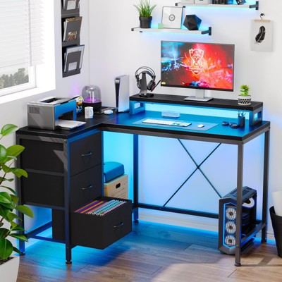 Whizmax L Shaped Desk with Power Outlets & LED Lights, Computer Desk with Drawers & Shelves, Corner Desk Gaming Desk Home Office Desk