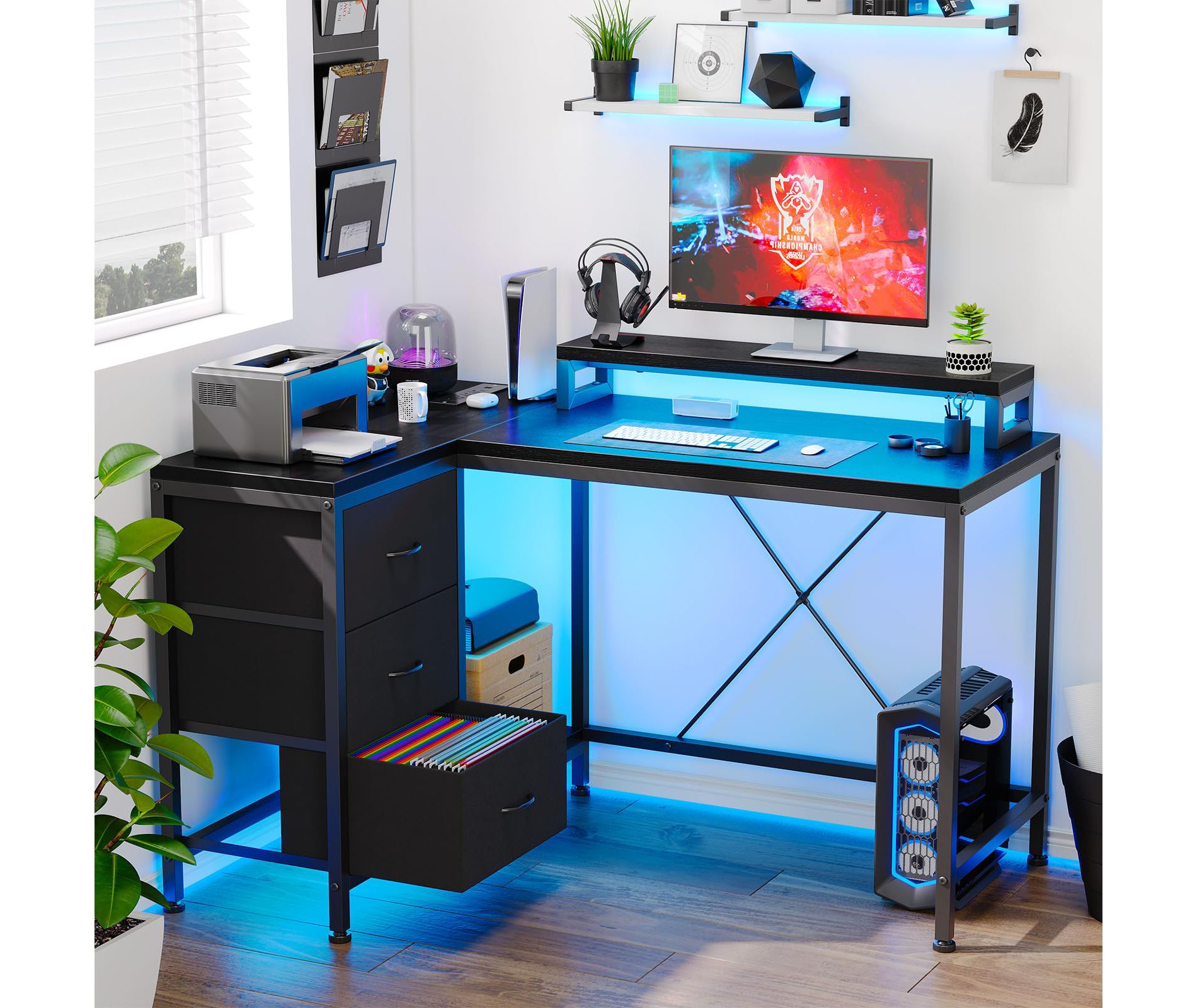 Garvee L Shaped Desk with Power Outlets & LED Lights, Computer Desk with Drawers & Shelves, Corner Desk Gaming Desk Home Office Desk, Black