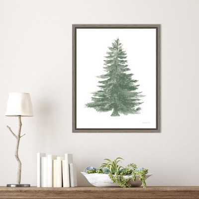 Holiday Tree Green and White Canvas Print with Gray Frame