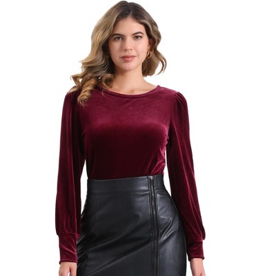 INSPIRE CHIC Women's Velvet Casual Round Neck Puff Long Sleeve Blouse