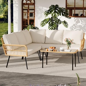 4-Piece Outdoor Wicker L-Shaped Patio Sofa Set with Cushions & Glass Coffee Table, Boho Sectional Set for Backyard, Garden, or Poolside ¨C Beige - 1 of 4