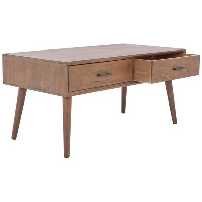 Belgian Farmhouse Mid-Century Chic Brown Wood Coffee Table with Storage