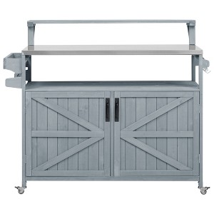 Gulches 53.3" Grey Blue Solid Wood Outdoor Kitchen Island - Rolling Grill Cart with Raised Shelf, Stainless Steel Top, Adjustable Shelves - 1 of 4