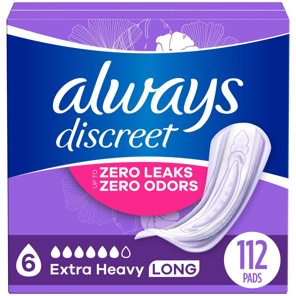 Always Discreet Incontinence Pads - 6 Drop Extra Heavy Long Pads - 112ct, box of 4