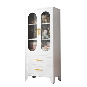 Metal storage cabinet with adjustable shelves, drawers, and glass doors, suitable for kitchens, laundry rooms, living rooms, and dining rooms. - 1 of 4