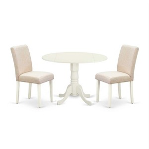 Round Dining Table Set 3pc 42" Table w/ Drop Leaves & 2 Parsons Chairs - Linen Beige Fabric - 1 of 4