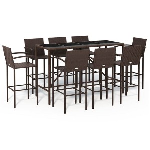 vidaXL 9 Piece Patio Bar Set - Brown Poly Rattan with Tempered Glass Tabletop, Weather-Resistant Material, Comfortable Seating - 1 of 4