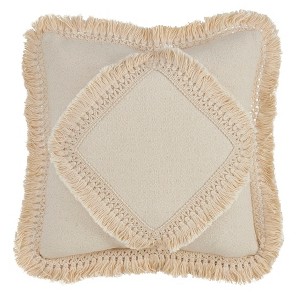Saro Lifestyle Cotton Fringe Lace Applique Pillow - Down Filled, 18" Square, Ivory - 1 of 4