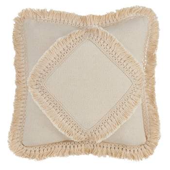 Saro Lifestyle Cotton Fringe Lace Applique Pillow - Down Filled, 18" Square, Ivory