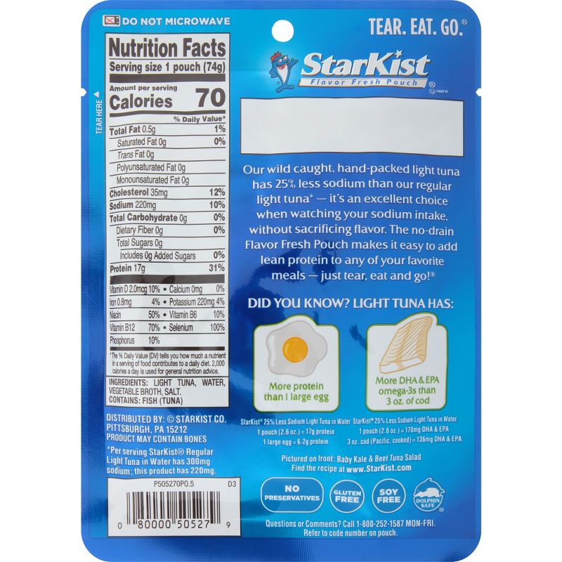 StarKist Reduced Sodium Chunk Light Tuna in Water Pouch - 2.6oz, 3 of 5