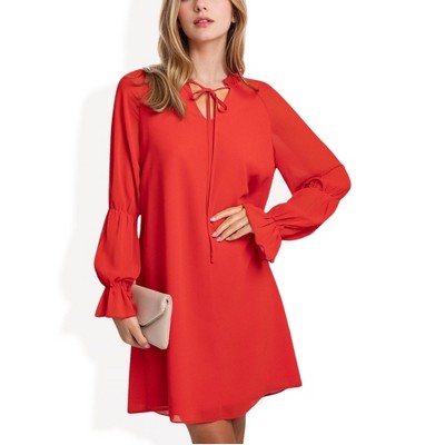 Anna-Kaci Women's A-Line Chiffon Dress with Sheer Sleeves and Tie Neck Detail for Everyday Looks