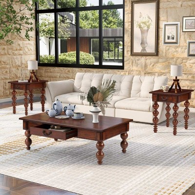 Vintage Rectangular Wood Coffee Table Set of 3 with Storage Drawers, Farmhouse MDF Coffee Table and End Table Set for Living Room-Coolbibila