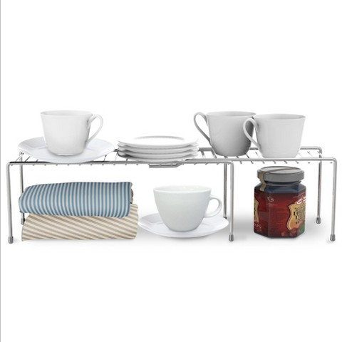 Hastings Home Expandable Shelf Kitchen Cabinet Organizer - Adjustable Kitchen Shelf Rack Organization and Storage for Pantry Shelves (Chrome)