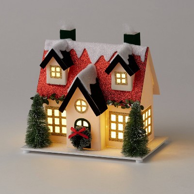 6.5" Battery Operated Decorative Paper House White with Red Roof - Wondershop™