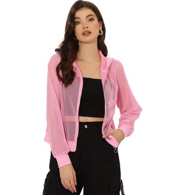 INSPIRE CHIC Women's Zip Up Long Sleeve Mesh Sheer Hoodie Bomber Jackets