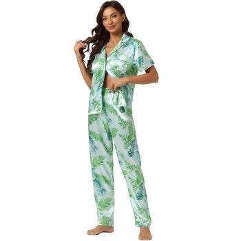 Women Satin Silk 2 pcs Printed Night Suit Sleepwear Pajamas Set Long Sleeve  Pjs Loungewear (Pink Leaf-XL) : : Clothing, Shoes & Accessories