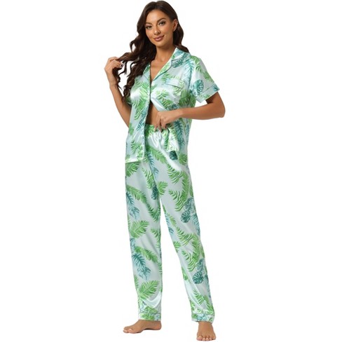 cheibear Women's Silky Floral Short Sleeves Sleepshirt with Pants Pjs Set 2  Pcs Black-White Medium